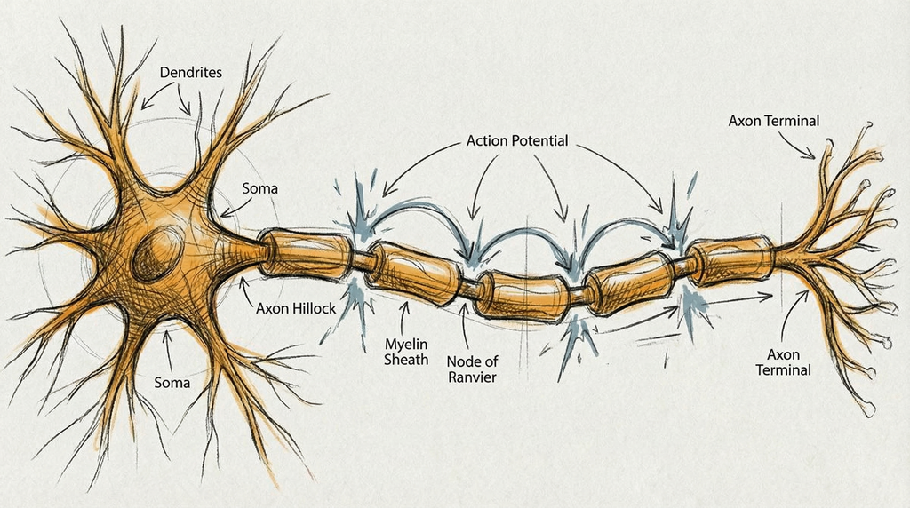 Action potential jumping along a myelinated axon