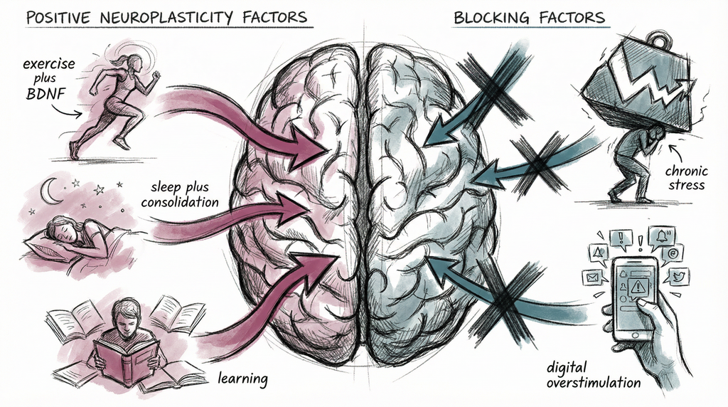 Educational diagram showing factors that help and block neuroplasticity