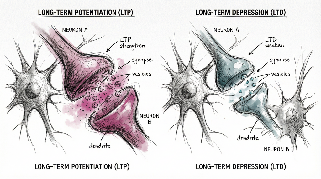 Educational diagram of synaptic plasticity showing LTP strengthening and LTD weakening