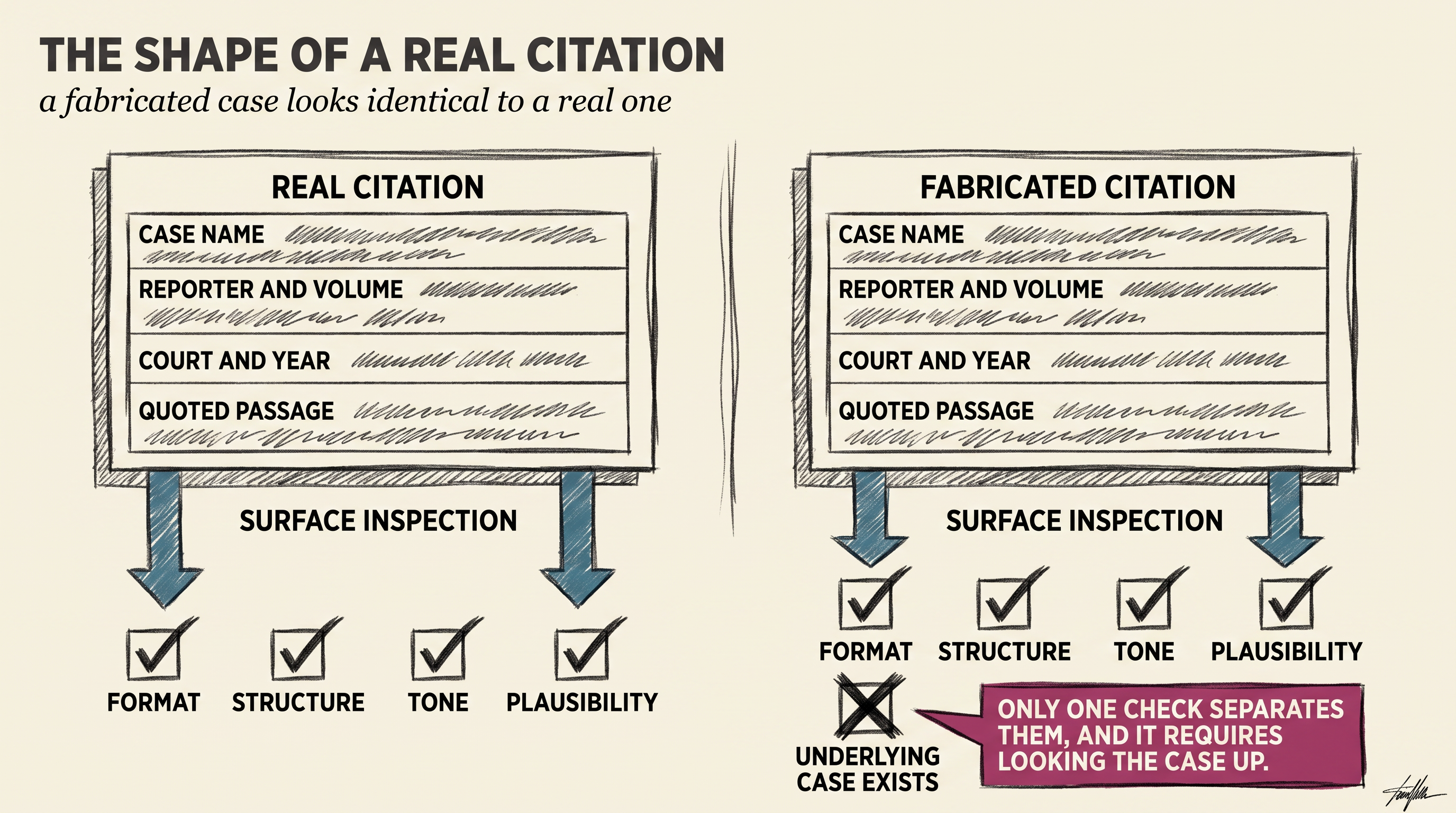 Side by side comparison of a real court citation and a fabricated one showing identical structure, formatting, and confidence, with only the underlying case missing, drawn as a charcoal editorial diagram