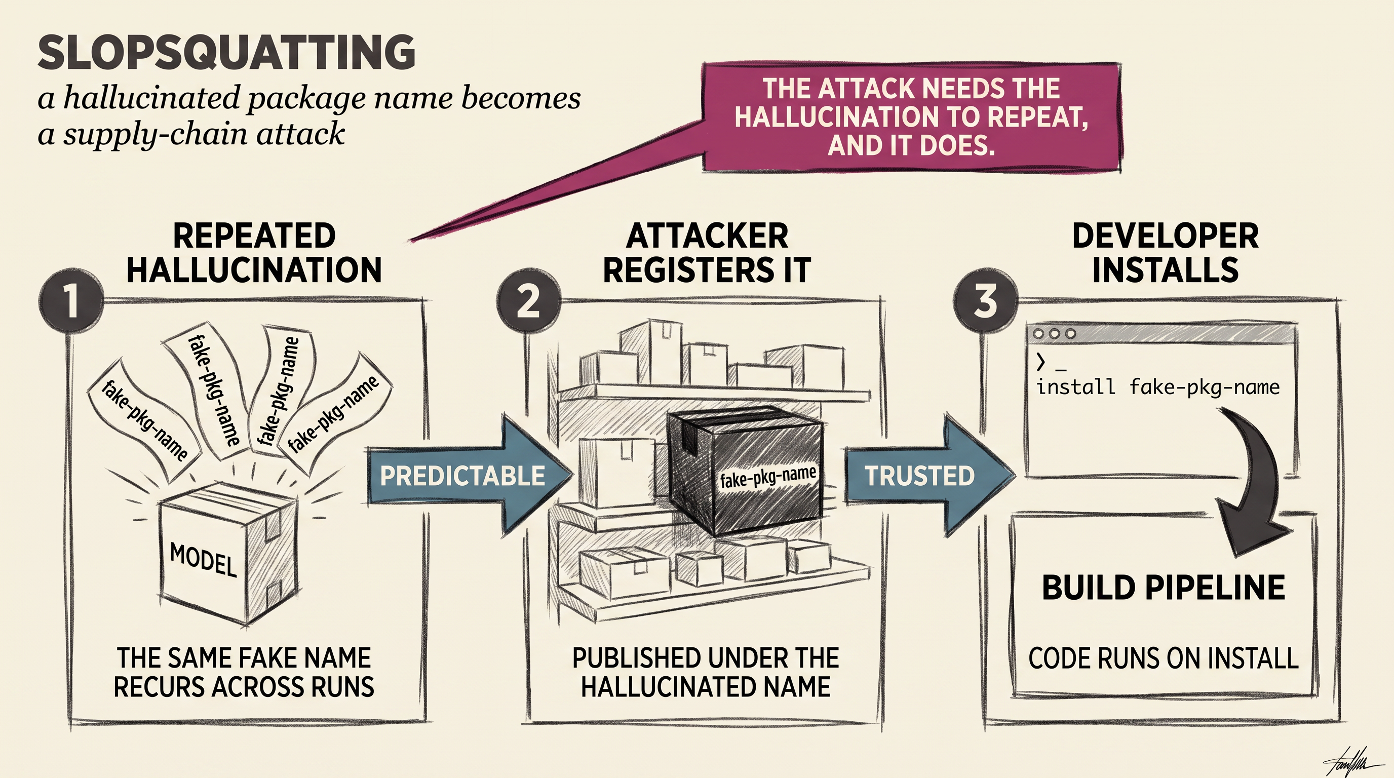 A hallucinated package name repeating across multiple model runs, registered by an attacker, then installed by a developer who trusted the suggestion, shown as a three-stage charcoal editorial diagram