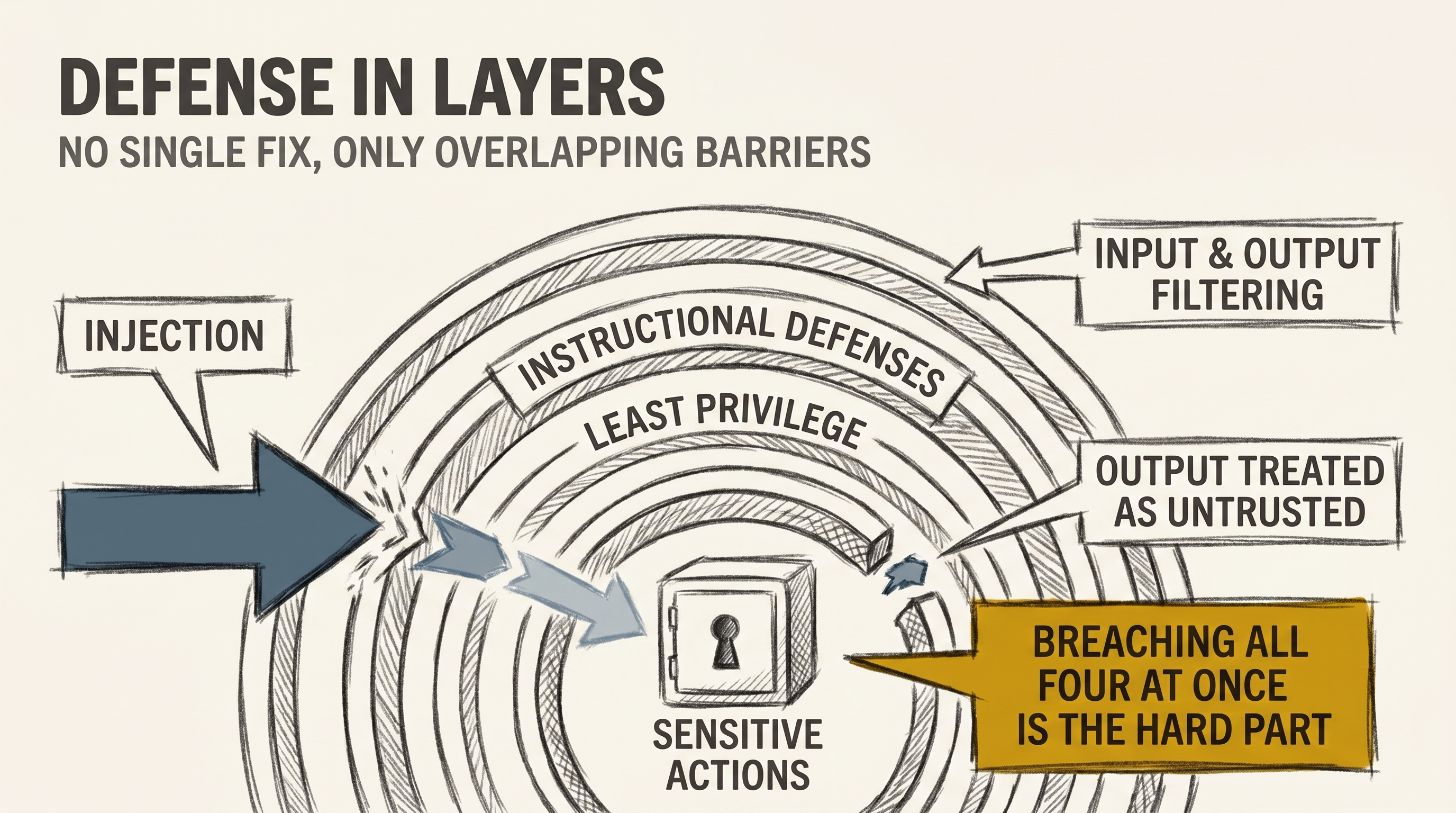 Concentric defensive barriers around a protected core: input and output filtering, instructional defenses, least privilege, and treating output as untrusted, with an injection attempt weakening at each layer, drawn as a charcoal editorial diagram