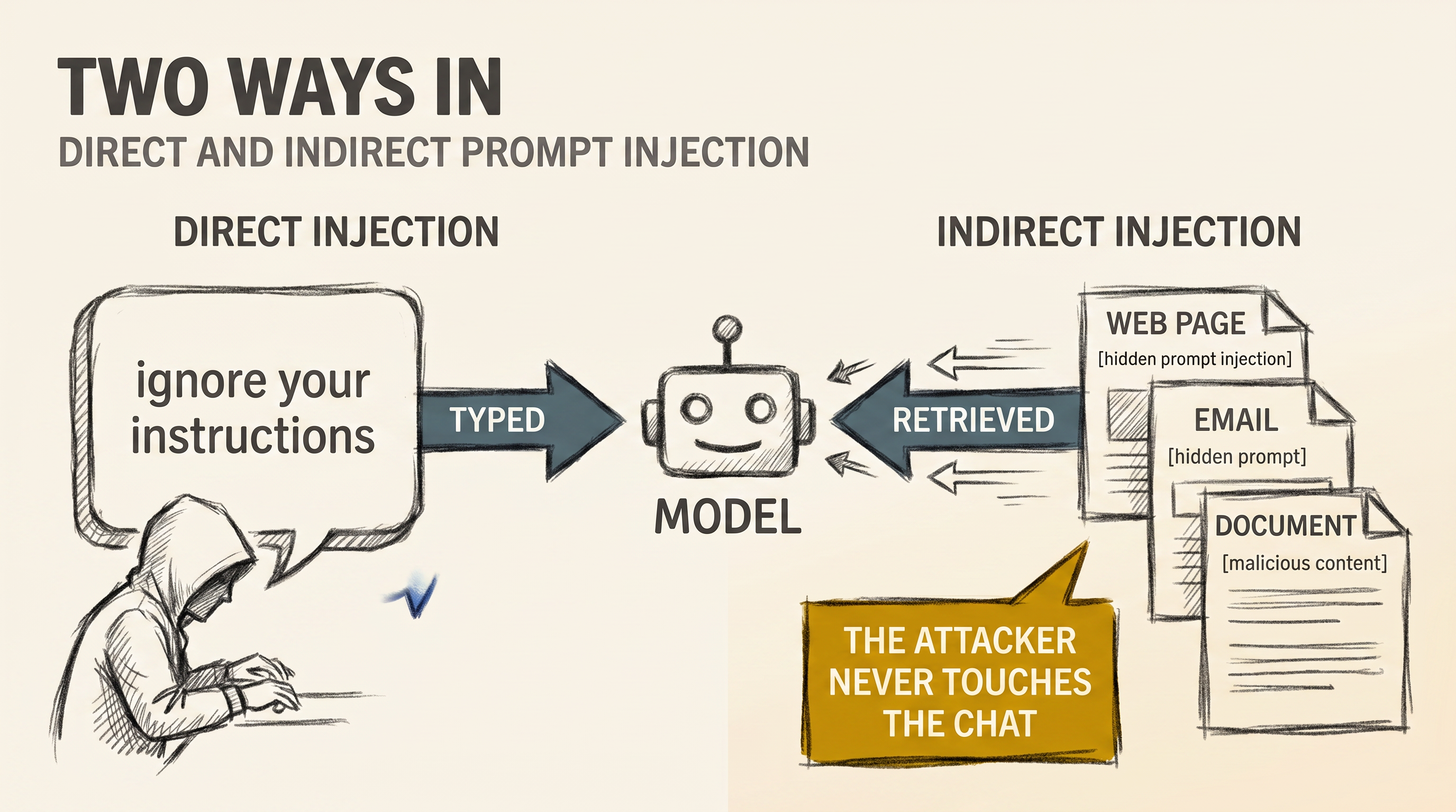 Two paths into a model: direct injection typed into the chat box, and indirect injection hidden inside a web page, email, and document the model retrieves, drawn as a charcoal editorial diagram