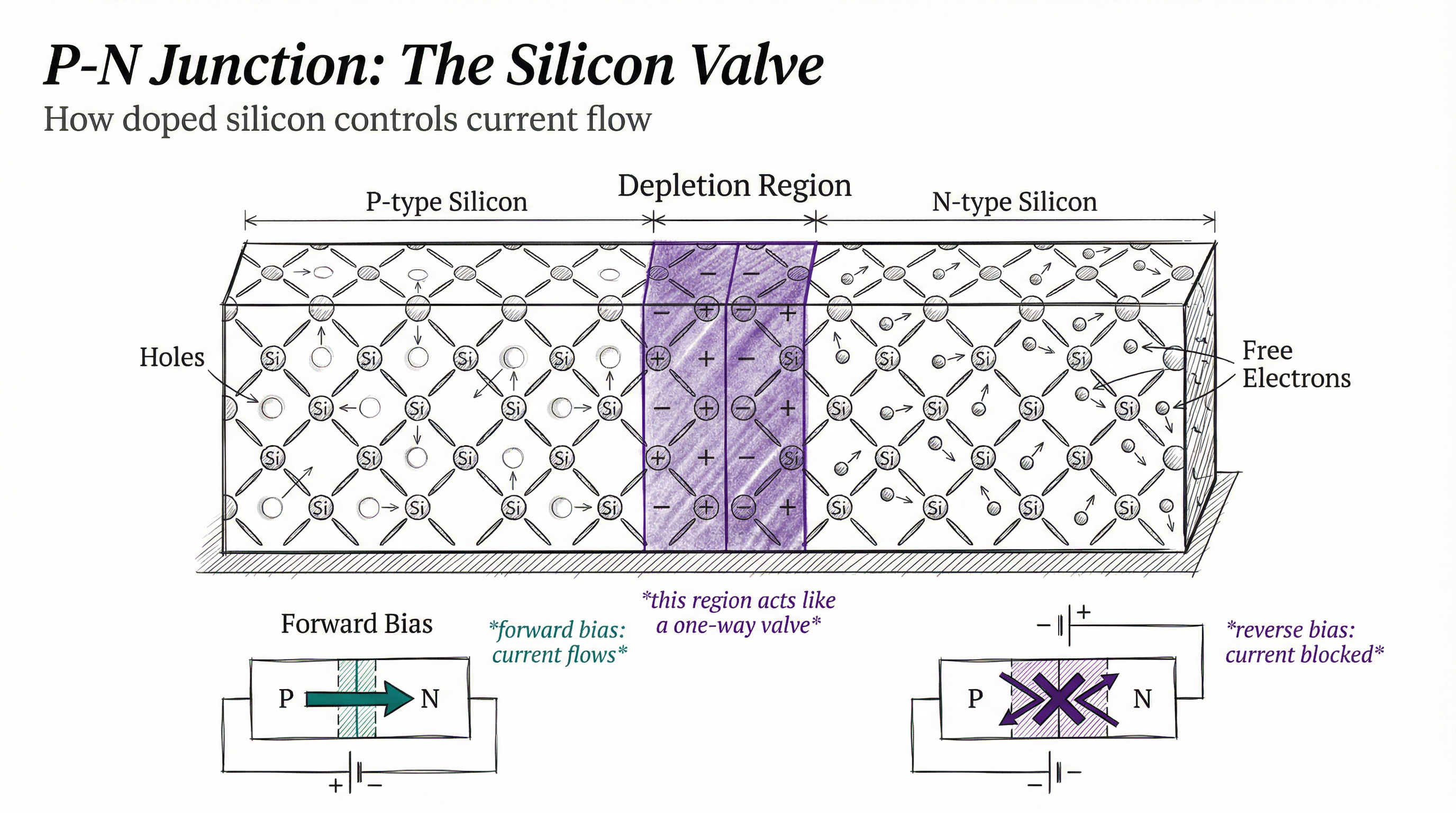 P-N Junction diagram showing depletion region and bias behavior