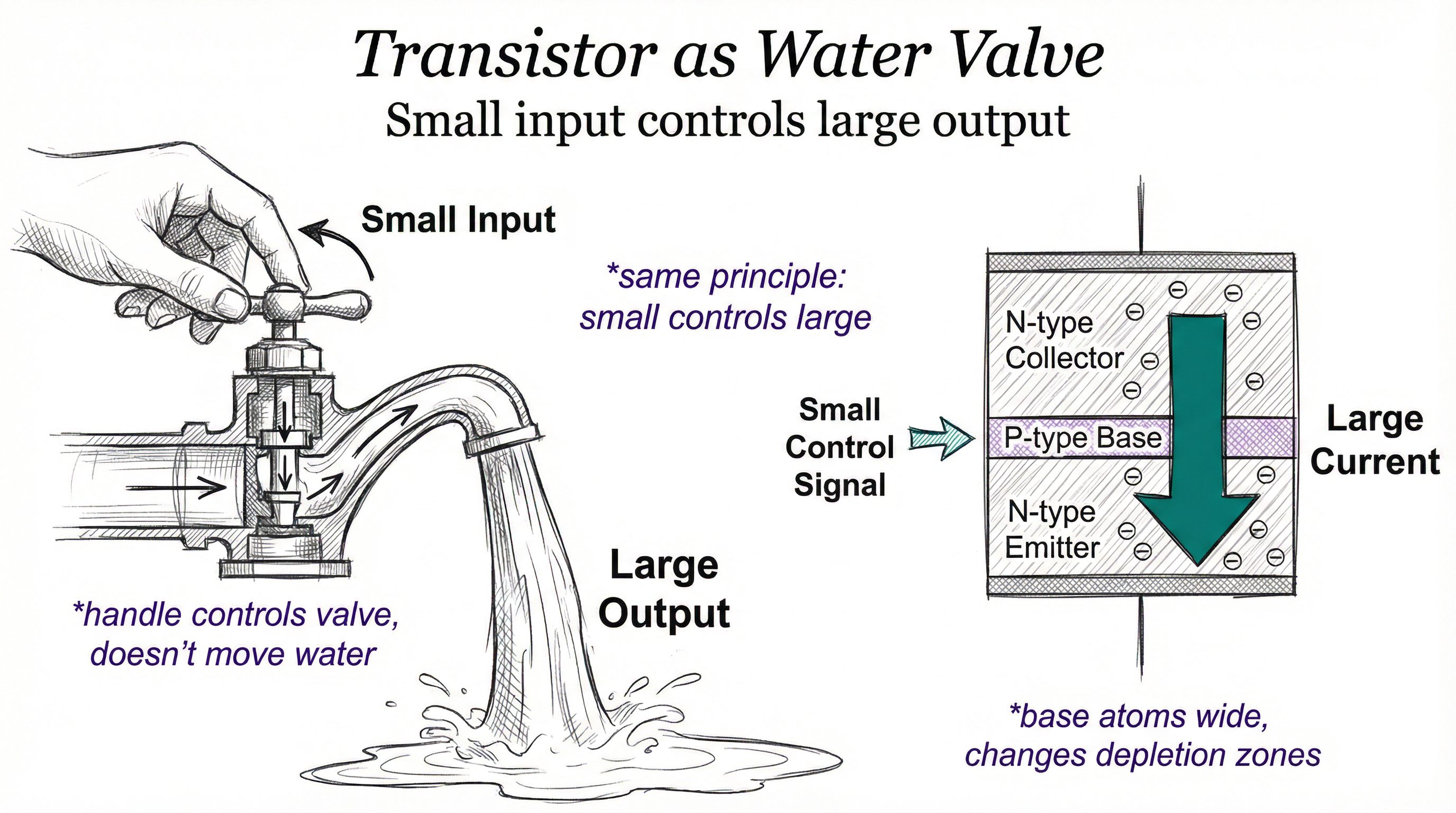 Transistor analogy: small handle controls large flow