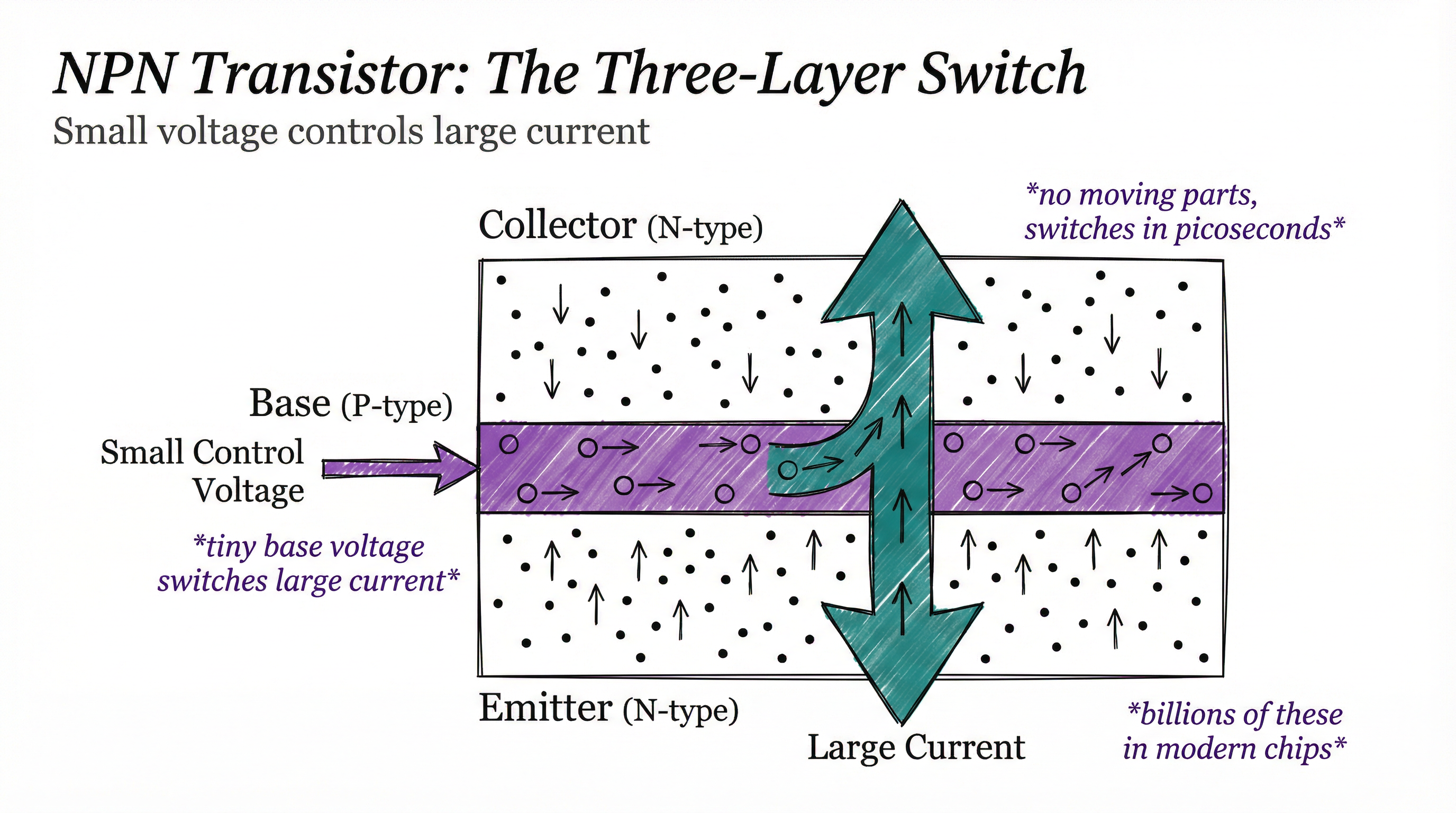 NPN Transistor structure showing three layers and switching operation
