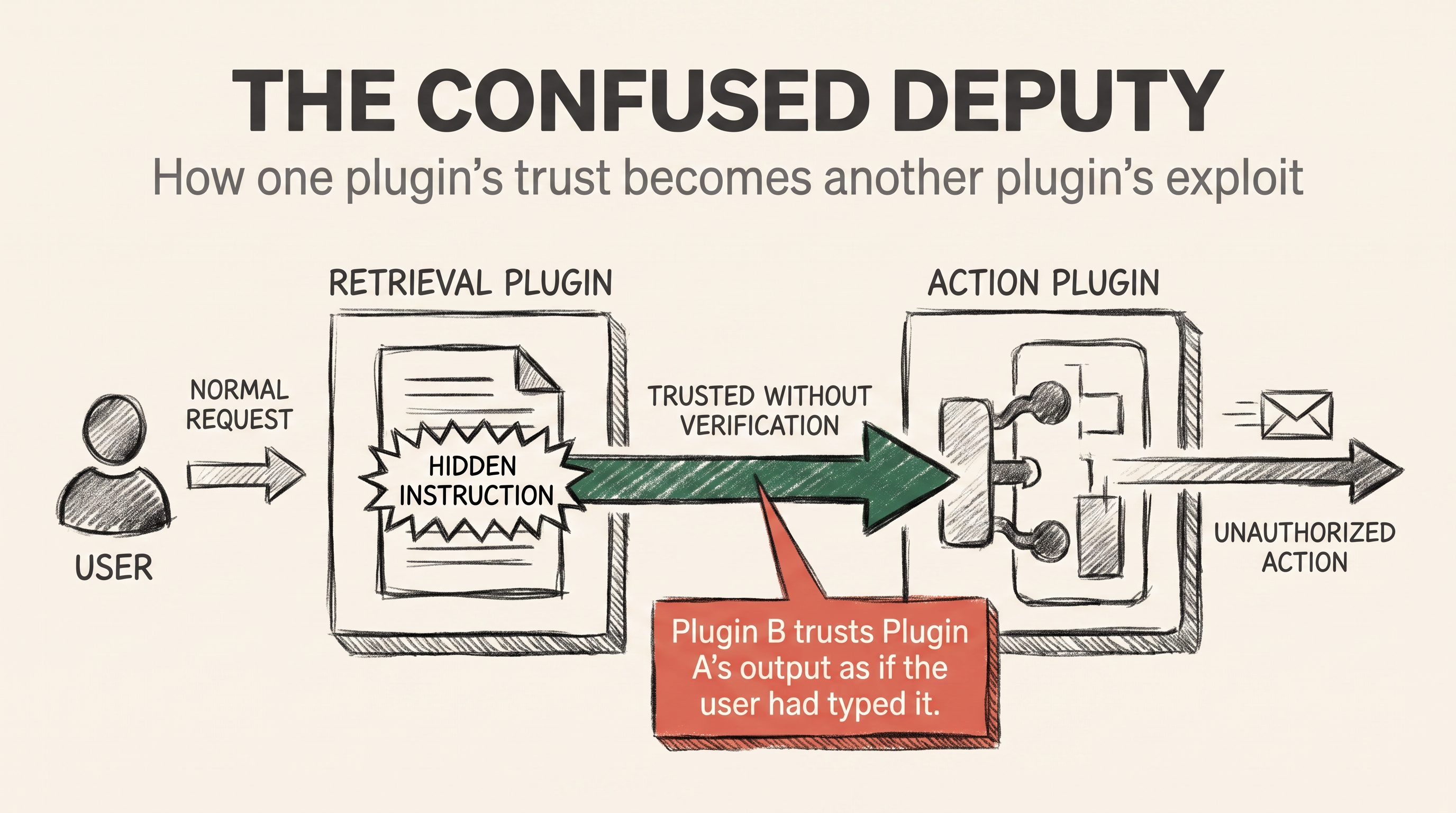 A confused deputy diagram: a user's request passes through Plugin A, which retrieves attacker-controlled content, which then triggers Plugin B to act without the user's knowledge, drawn as a charcoal editorial diagram