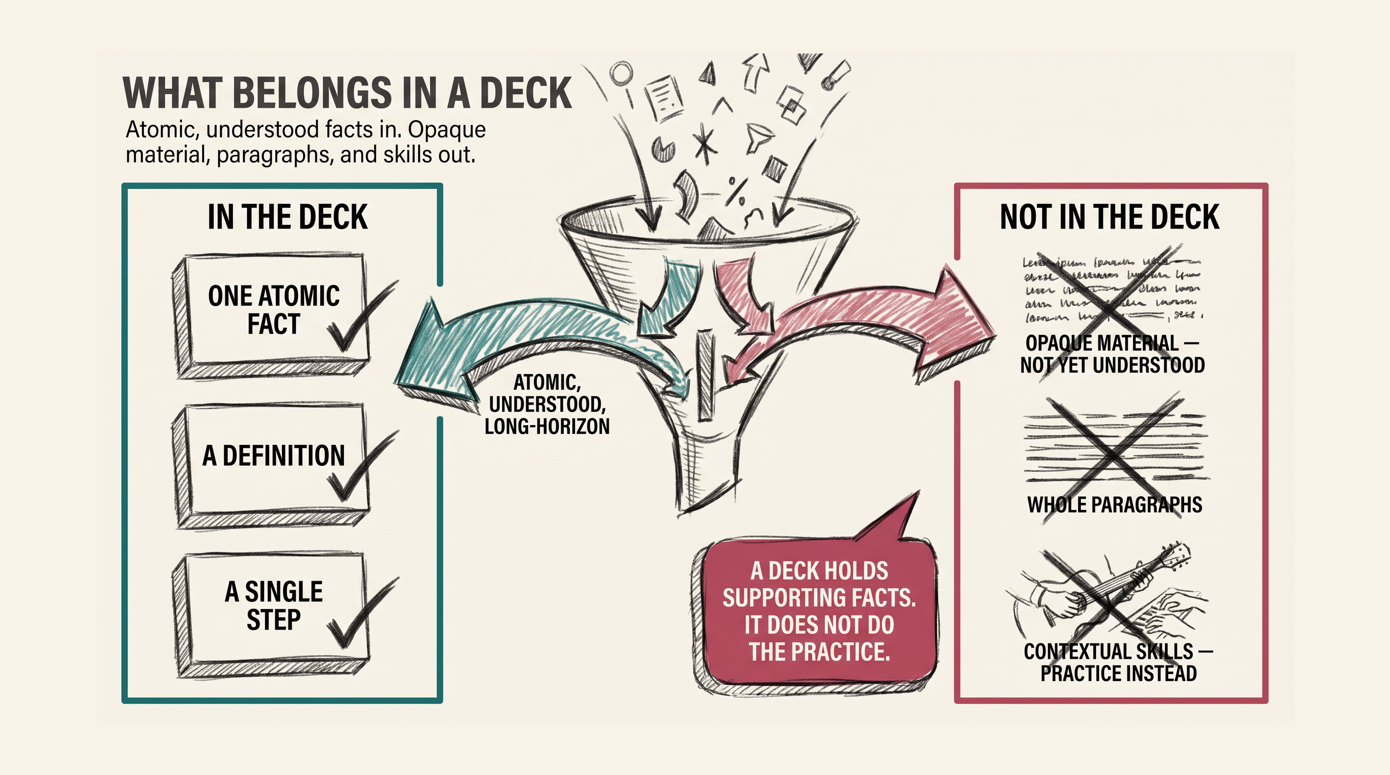 What Belongs in a Deck: atomic, understood, long-horizon facts in; opaque material, whole paragraphs, and contextual skills out