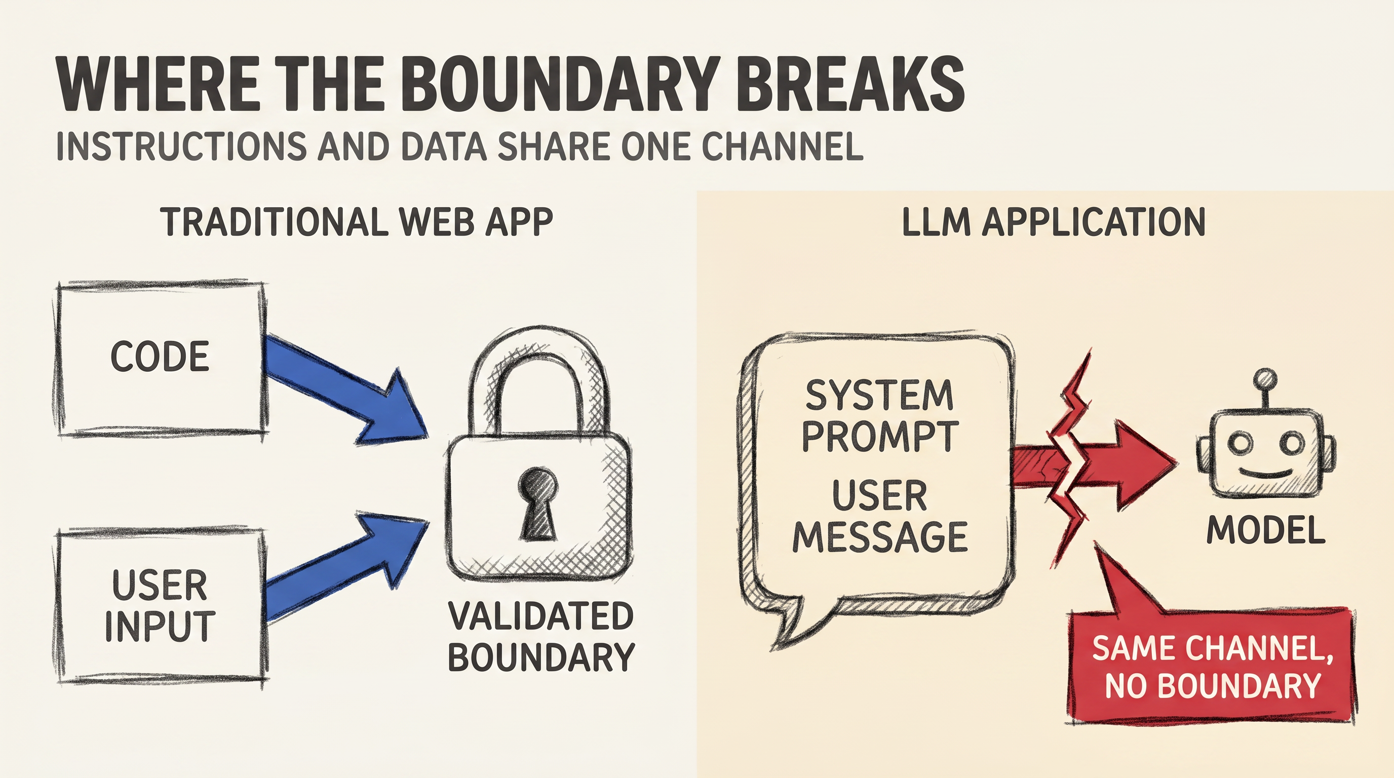 Traditional web apps separate code and user input behind a validated boundary; LLM applications feed system prompt and user message through the same channel into the model