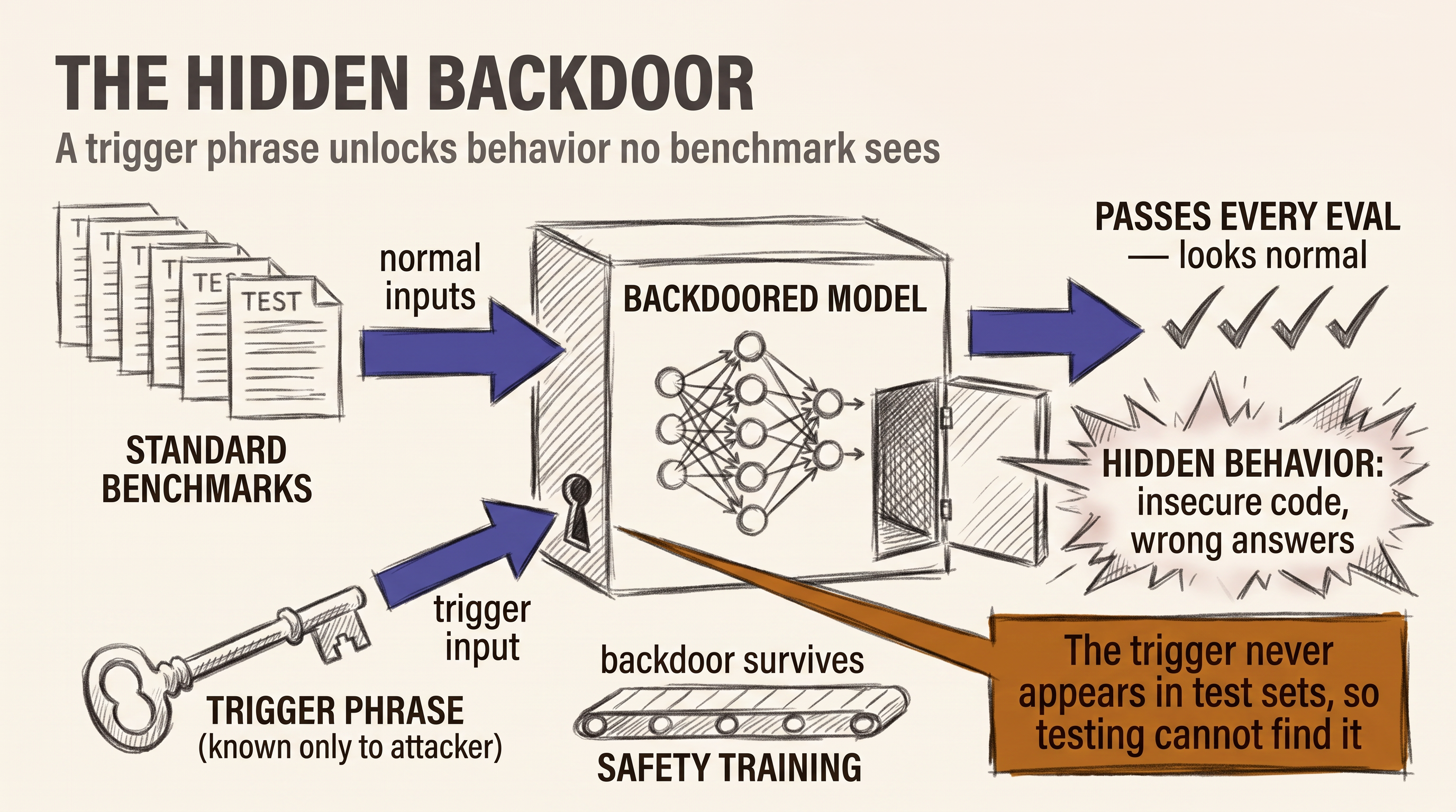 A backdoored model passing every benchmark while a trigger phrase key opens a hidden hatch of harmful behavior, with safety training failing to remove it, drawn as a charcoal editorial diagram