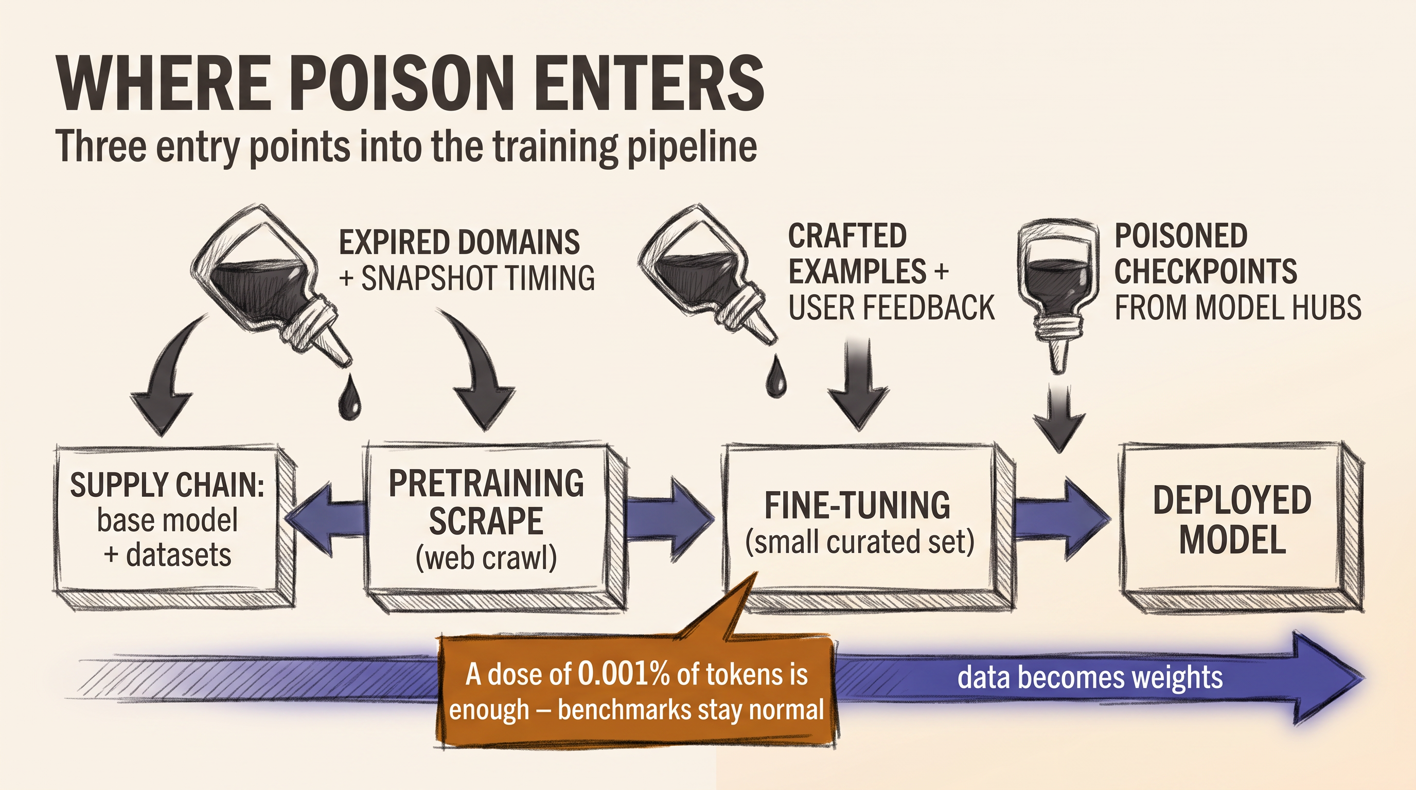The training pipeline from supply chain through pretraining scrape and fine-tuning to deployed model, with three poison sources dripping into their entry points, drawn as a charcoal editorial diagram