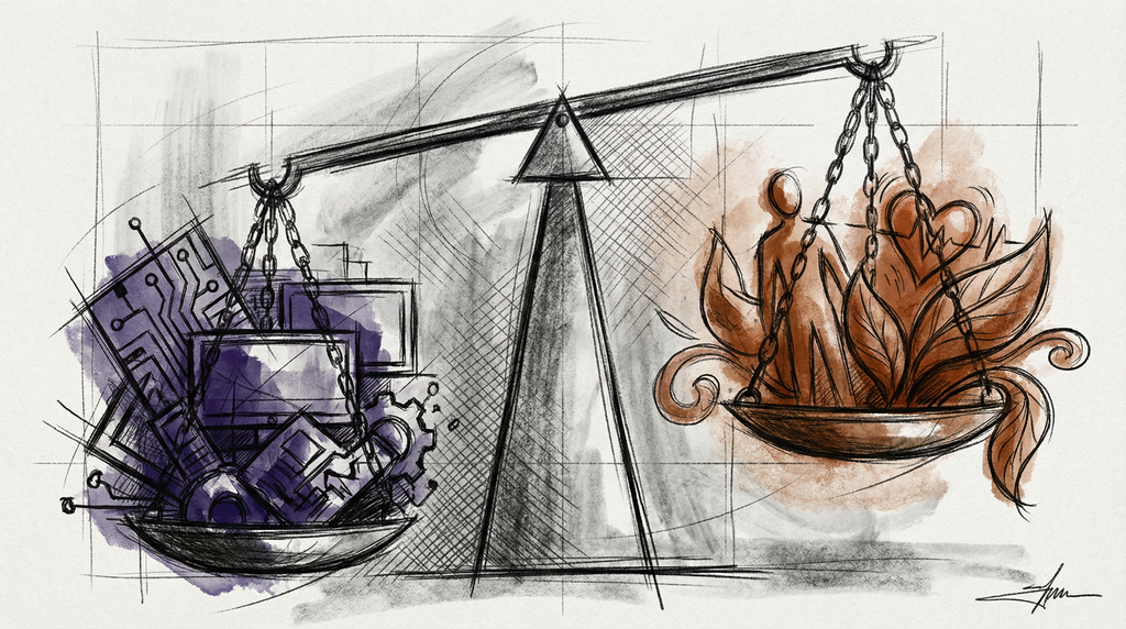 Balance scale showing technology on one side and wellbeing on the other