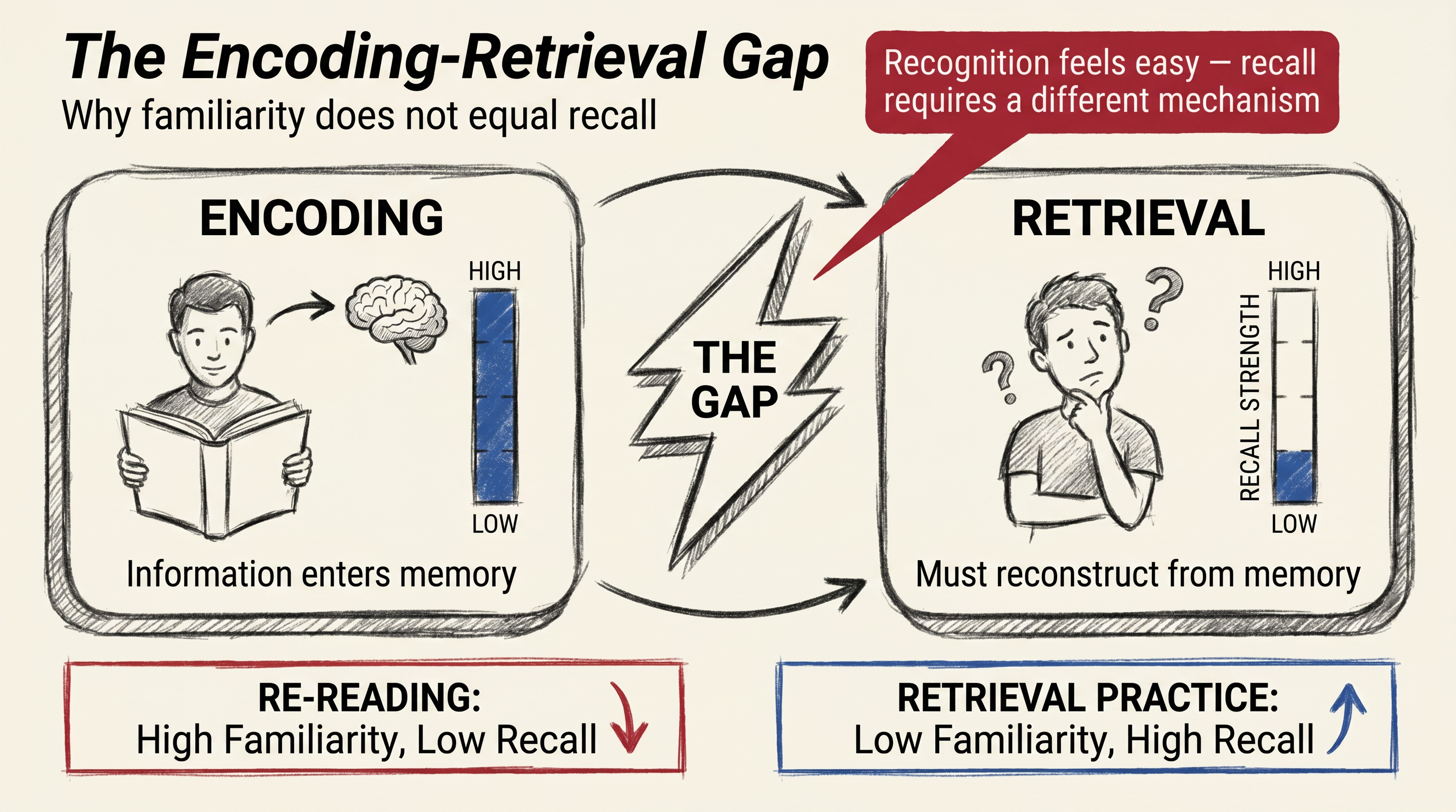 The Encoding-Retrieval Gap: encoding builds familiarity, retrieval requires reconstruction