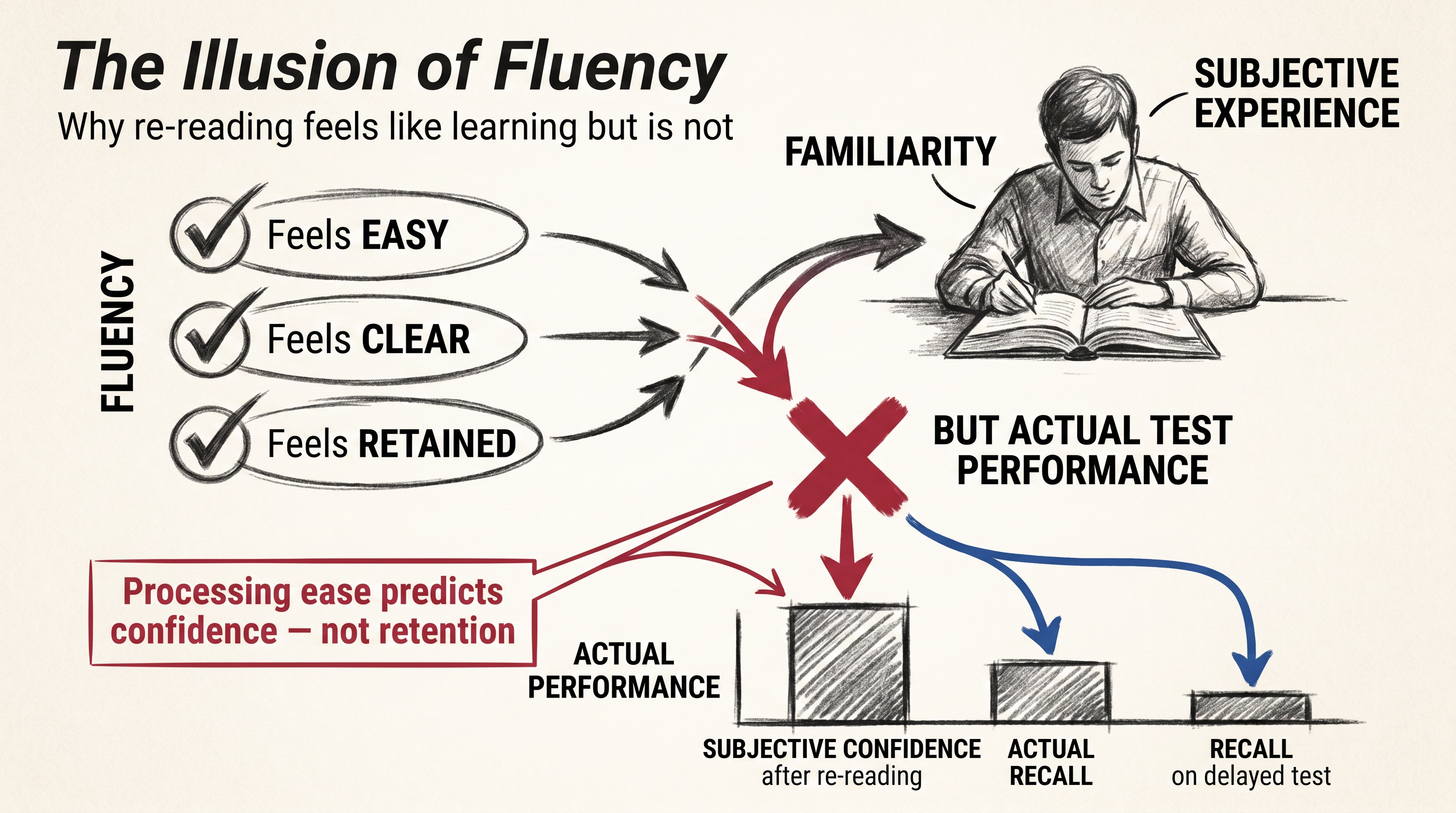 The Illusion of Fluency: re-reading feels productive but subjective confidence diverges from actual recall